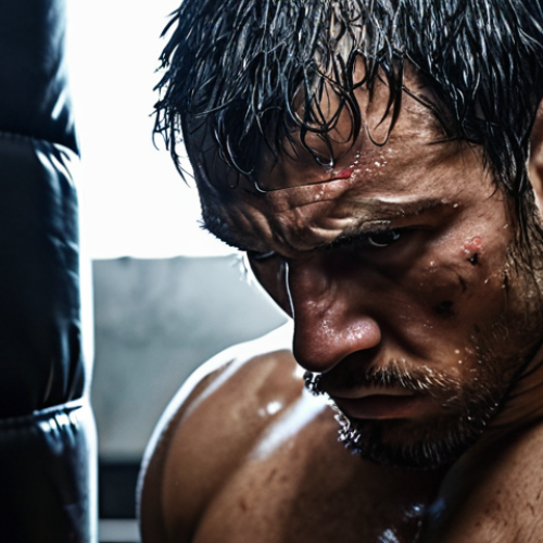 Home 15 **Prompt 1: The Fighter's Inner Battle**
A dramatic, cinematic portrait of a mixed martial arts fighter in a training environment. The image visually represents the fighter's internal struggle and resilience. Show sweat and physical exertion. Overlay subtle, ethereal visual elements: one side of their face or body slightly shadowed with vague forms representing past fears or doubts, while the other side is intensely illuminated, radiating a powerful, unwavering determination and focus. Emphasize the intense gaze and a sense of profound mental fortitude overcoming internal barriers. High detail, realistic, dynamic lighting, emotional depth.