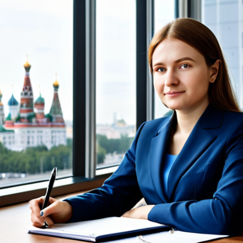 Home 14 **
A professional businesswoman in a modest dark blue business suit, sitting at a clean desk in a modern, bright office in Moscow, Russia, fully clothed, appropriate attire, safe for work, perfect anatomy, natural proportions, professional photography, high quality. Natural lighting coming from a window with a view of the Moscow skyline. She is holding a pen and looking at a document. Family-friendly.
**