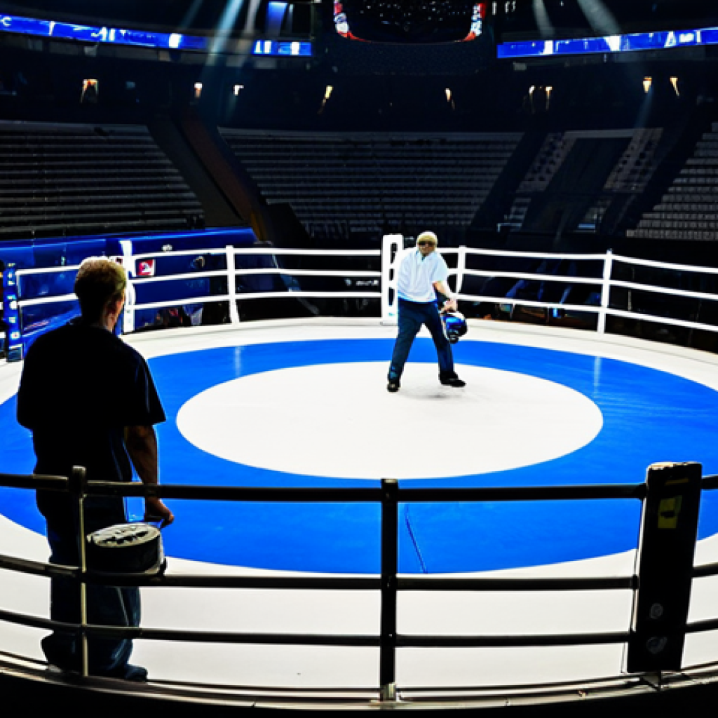 격투기 시합장 구조 - Arena Preparation**

"A brightly lit arena, focusing on the meticulous setup before a fight. Workers...
