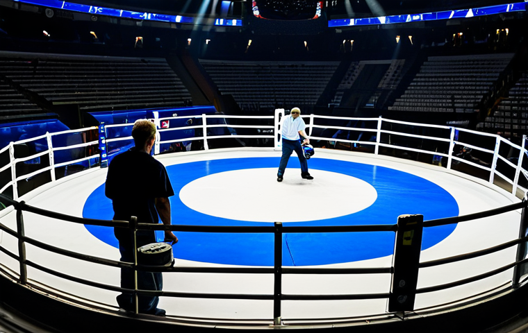 격투기 시합장 구조 - Arena Preparation**
"A brightly lit arena, focusing on the meticulous setup before a fight. Workers...
