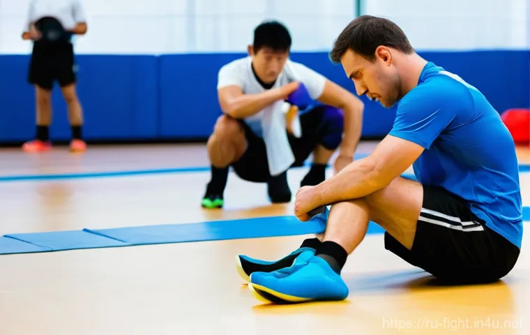 격투기 부상 대처법 - **Prompt:** A male martial artist, mid-20s, with short dark hair and an athletic build, is on the ma...