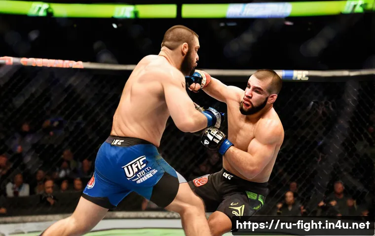 격투기 해외 대회 일정 - **Prompt:** A dynamic, wide-angle shot of two male MMA fighters in the center of a brightly lit octa...