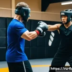 격투기 입식 타격 규칙 - A dynamic scene of two adult male martial artists sparring in a well-lit gym, wearing appropriate pr...
