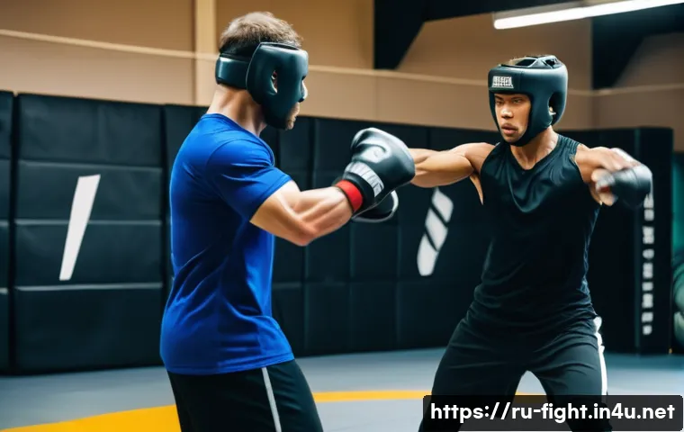 격투기 입식 타격 규칙 - A dynamic scene of two adult male martial artists sparring in a well-lit gym, wearing appropriate pr...