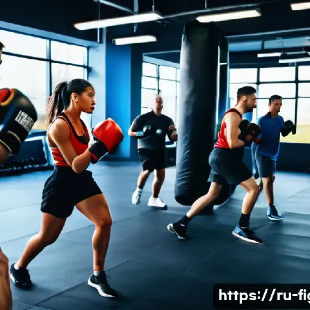 격투기 다이어트 성공 사례 - A dynamic scene in a modern gym featuring a diverse group of adults practicing kickboxing, wearing a...