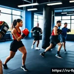 격투기 다이어트 성공 사례 - A dynamic scene in a modern gym featuring a diverse group of adults practicing kickboxing, wearing a...