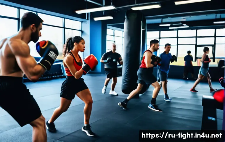 격투기 다이어트 성공 사례 - A dynamic scene in a modern gym featuring a diverse group of adults practicing kickboxing, wearing a...