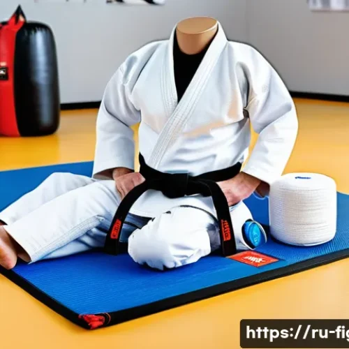 격투기 운동 복장 가이드 - A high-quality martial arts training outfit displayed on a mannequin in a well-lit gym setting, feat...