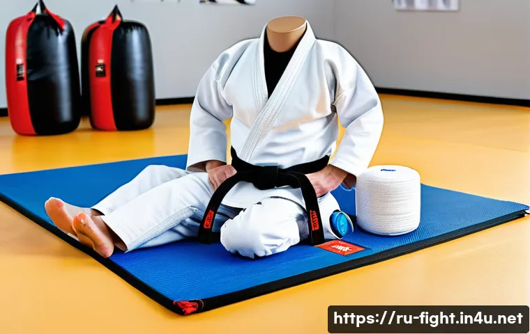 격투기 운동 복장 가이드 - A high-quality martial arts training outfit displayed on a mannequin in a well-lit gym setting, feat...