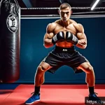 격투기 킥복싱 기초 가이드 - A male kickboxer demonstrating the perfect fighting stance in a modern gym setting, wearing breathab...