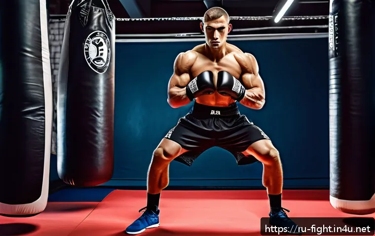 격투기 킥복싱 기초 가이드 - A male kickboxer demonstrating the perfect fighting stance in a modern gym setting, wearing breathab...