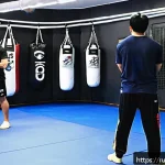 격투기 연습 장소 부산 - A spacious, modern mixed martial arts gym in Busan with large training mats, boxing bags, rings, and...