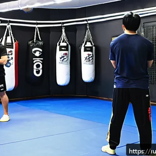 격투기 연습 장소 부산 - A spacious, modern mixed martial arts gym in Busan with large training mats, boxing bags, rings, and...
