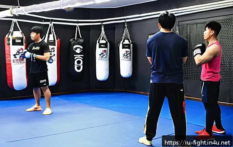 격투기 연습 장소 부산 - A spacious, modern mixed martial arts gym in Busan with large training mats, boxing bags, rings, and...