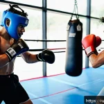 격투기 스파링 기술 리뷰 - A dynamic sparring scene inside a modern boxing gym featuring two male athletes in their mid-20s wea...
