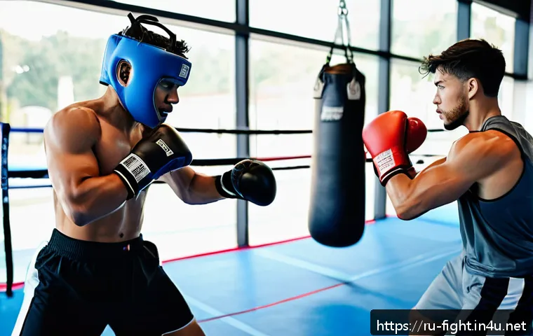 격투기 스파링 기술 리뷰 - A dynamic sparring scene inside a modern boxing gym featuring two male athletes in their mid-20s wea...