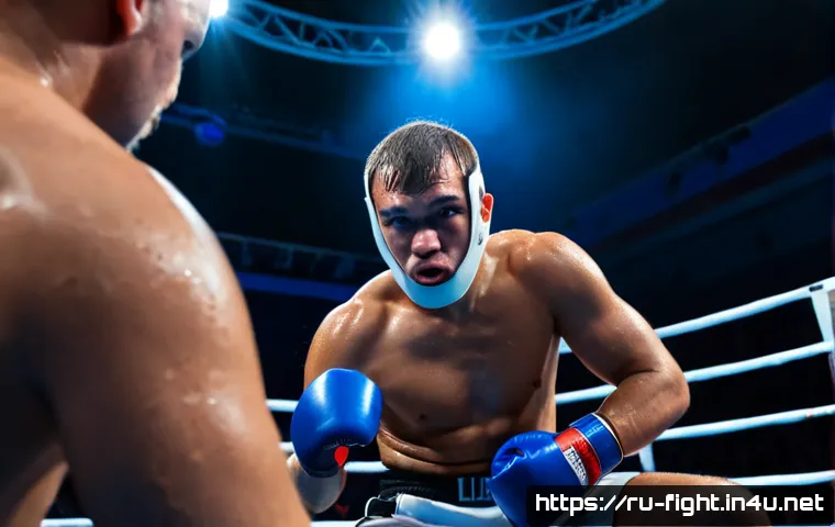 격투기 경기 중 심리적 압박 - Photorealistic close-up of a focused Russian male mixed martial arts fighter seated in the blue corn...